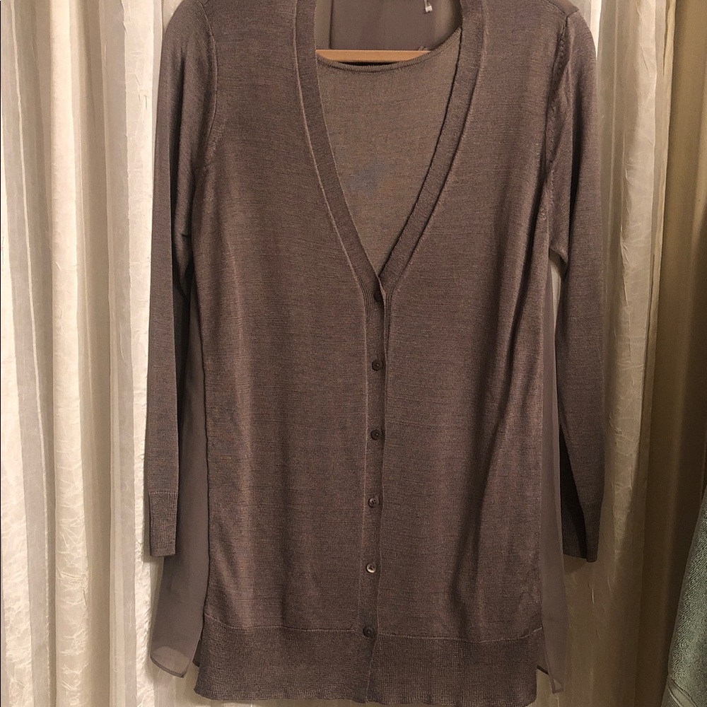NIC+ZOE Two-Piece Taupe Silk-Blend Long Sleeve Cardigan and Sleeveless Top NWOT